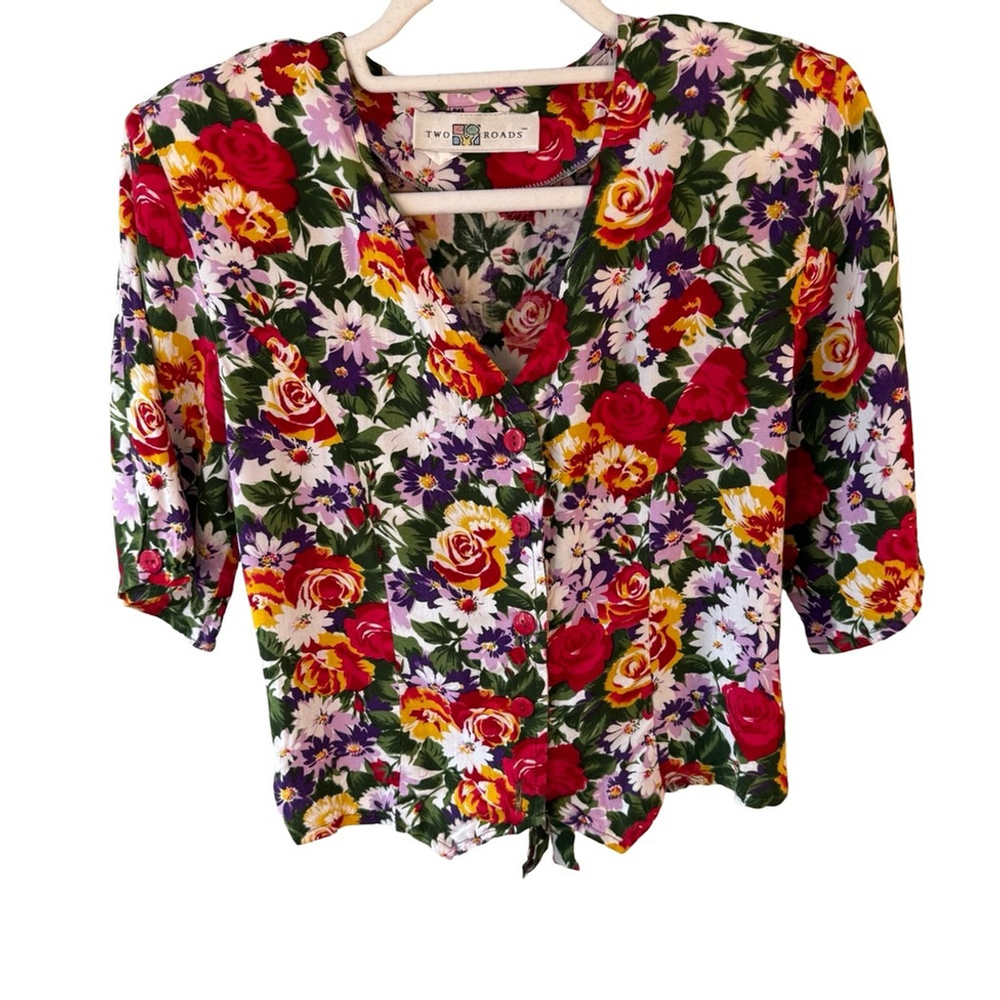 Two Roads Vintage Multicolour Floral Tie Back Blouse Size M Cottagecore Feminine